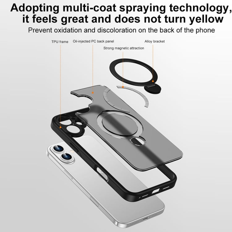 For iPhone 16 Matte Texture 360 Degree Rotary Tone Holder MagSafe Phone Case(Transparent)