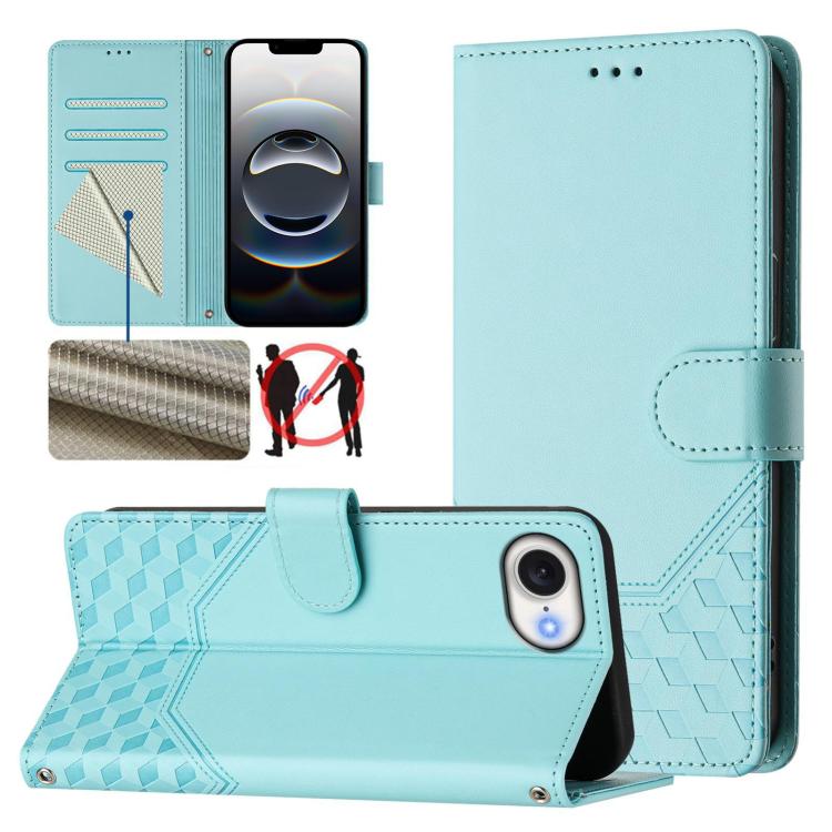 For iPhone 16e Honeycomb Embossing RFID Leather Phone Case(Mint Green)