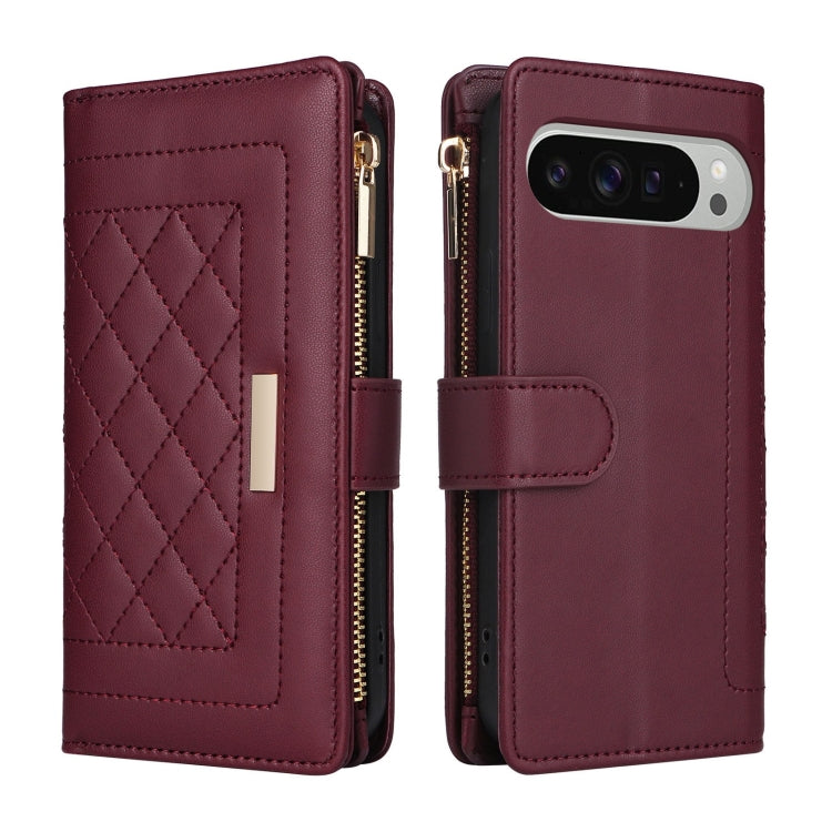 For Google Pixel 9 Pro XL Crossbody Zipper Wallet Rhombus Leather Phone Case(Wine Red)