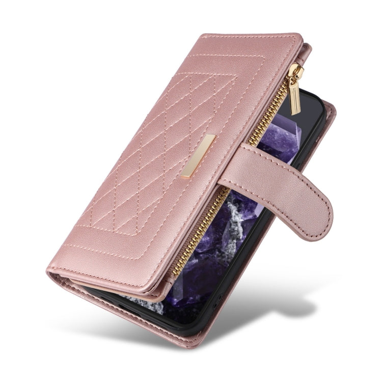 For Google Pixel 8 Crossbody Zipper Wallet Rhombus Leather Phone Case(Rose Gold) - Google Cases by PMC TechLife | Online Shopping South Africa | PMC TechLife | Buy Now Pay Later Mobicred