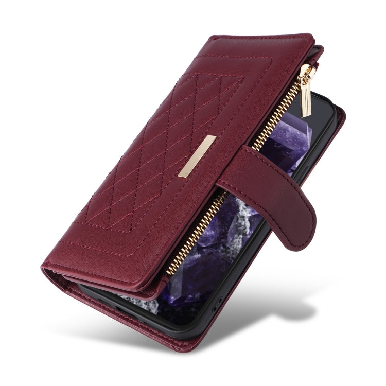 For Google Pixel 8 Crossbody Zipper Wallet Rhombus Leather Phone Case(Wine Red) - Google Cases by PMC TechLife | Online Shopping South Africa | PMC TechLife | Buy Now Pay Later Mobicred