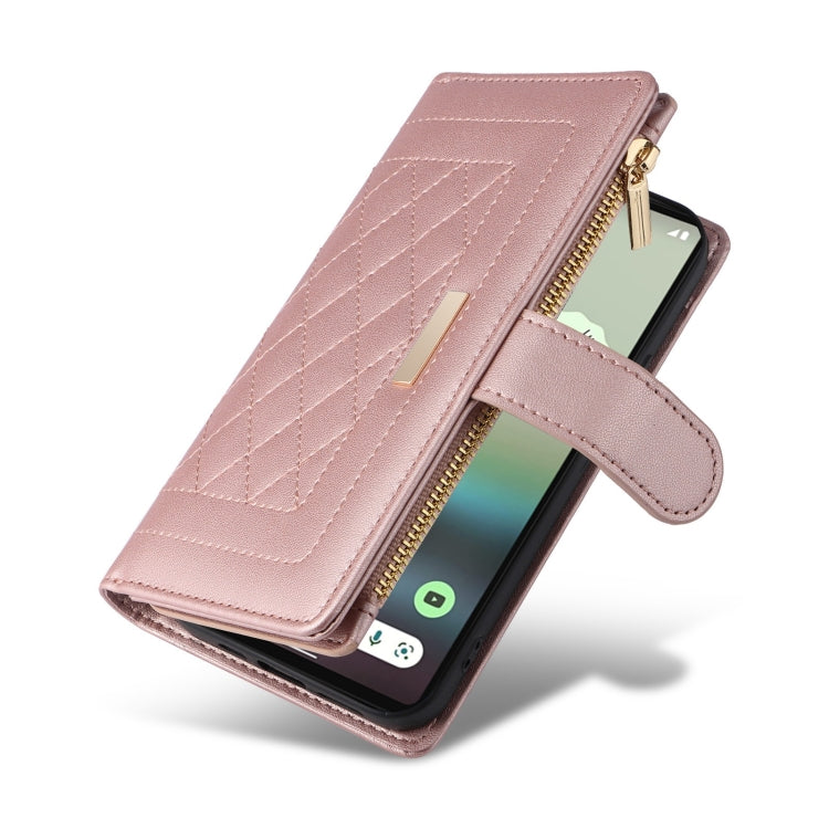 For Google Pixel 6a Crossbody Zipper Wallet Rhombus Leather Phone Case(Rose Gold) - Google Cases by PMC TechLife | Online Shopping South Africa | PMC TechLife | Buy Now Pay Later Mobicred