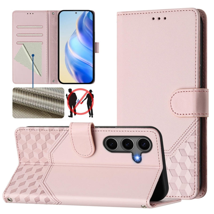 For Samsung Galaxy S25 5G Honeycomb Embossing RFID Leather Phone Case(Pink)