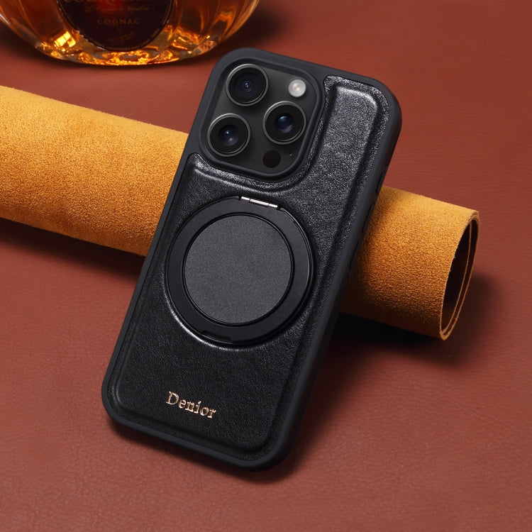 For iPhone 16 Pro Max Denior A17 Genuine Leather Gear Magnetic Holder Phone Case(Black)