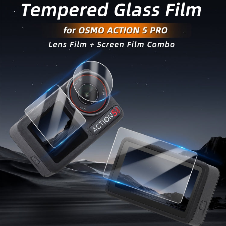 For DJI Osmo Action 5 Pro Sunnylife 3 in 1 Lens Protector Front and Rear Screen Tempered Glass Films, Quantity:1 + 1 + 1 Sets