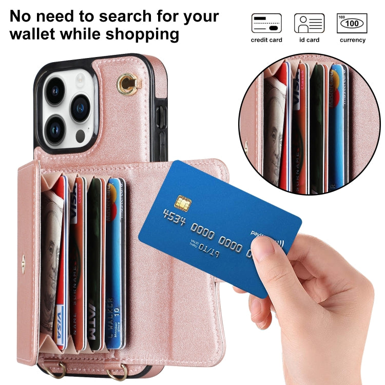 For iPhone 16 Pro RFID Card Slot Phone Case with Long Lanyard(Rose Gold)