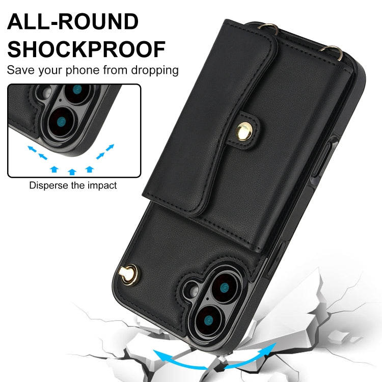 For iPhone 16 RFID Card Slot Phone Case with Long Lanyard(Black)