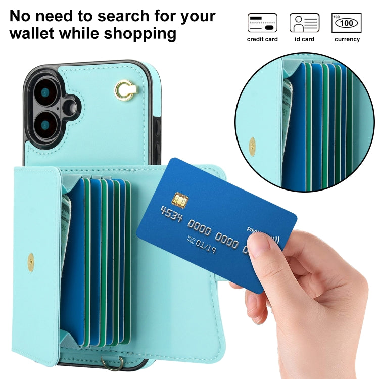 For iPhone 16 RFID Card Slot Phone Case with Long Lanyard(Mint Green)