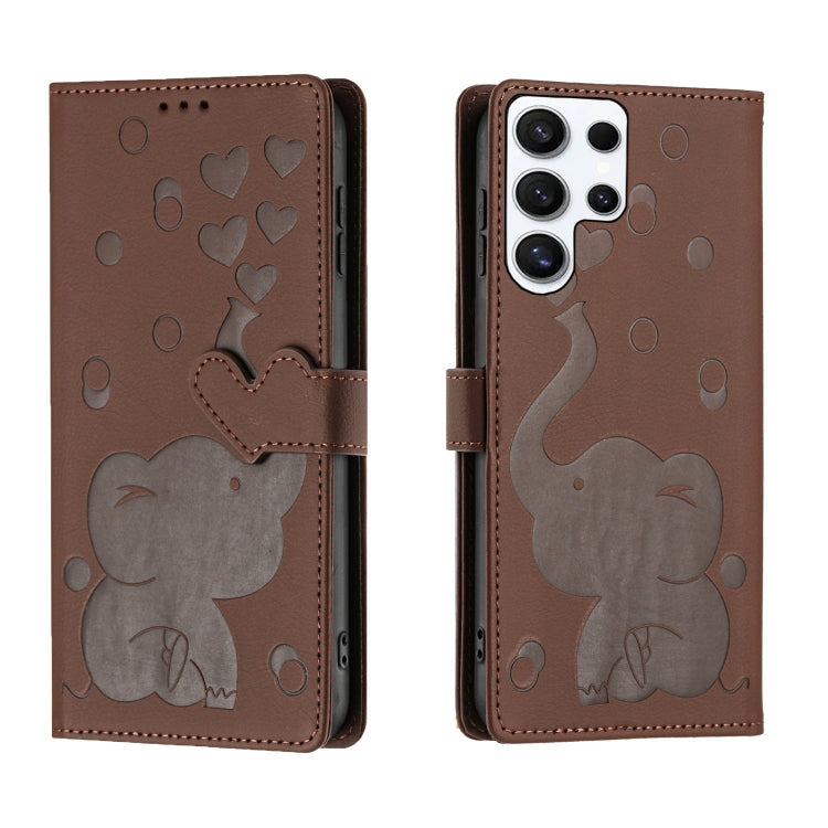 For Samsung Galaxy S25 Ultra 5G Cartoon Elephant Embossed Leather Phone Case(Brown)
