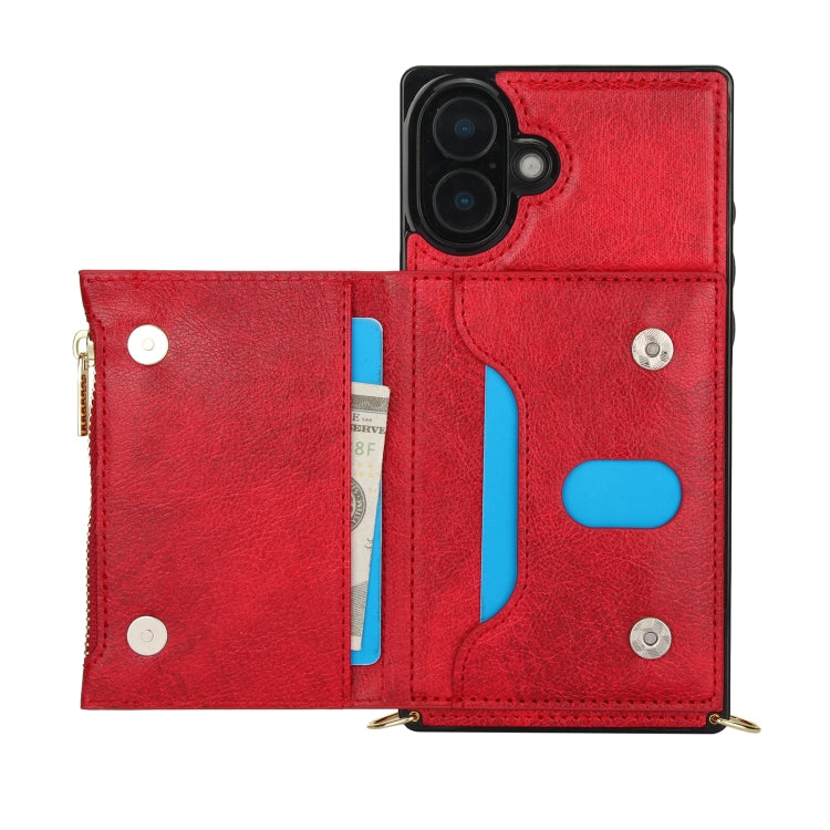 For iPhone 16 Plus Square Zipper Wallet Bag TPU+PU Back Cover Case(Red)