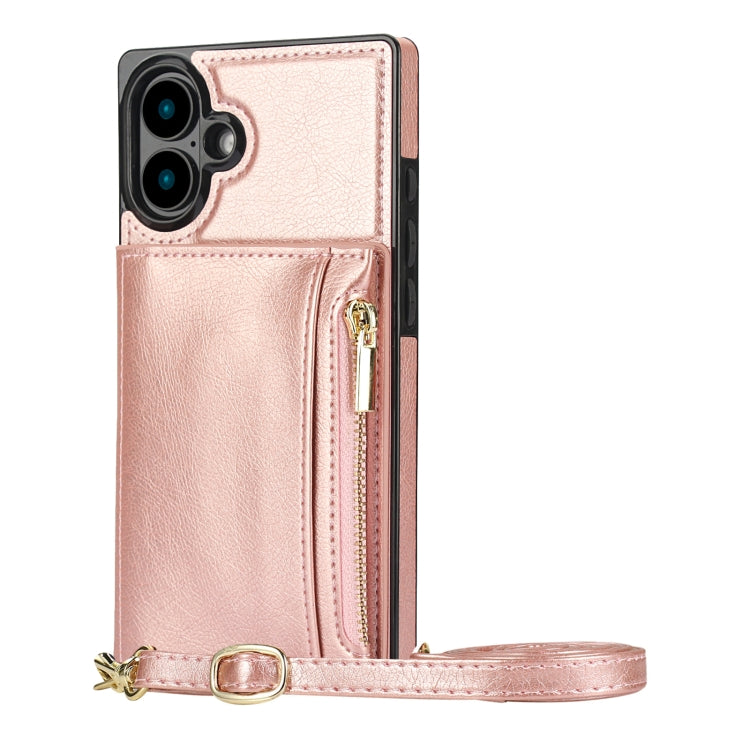 For iPhone 16 Square Zipper Wallet Bag TPU+PU Back Cover Case(Rose Gold)
