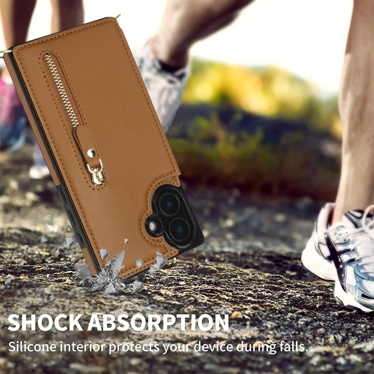 For iPhone 16 Cross-body Zipper Square Phone Case(Brown)