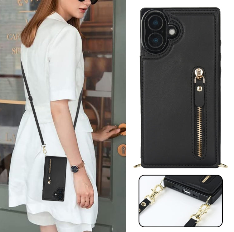 For iPhone 16 Cross-body Zipper Square Phone Case(Black)