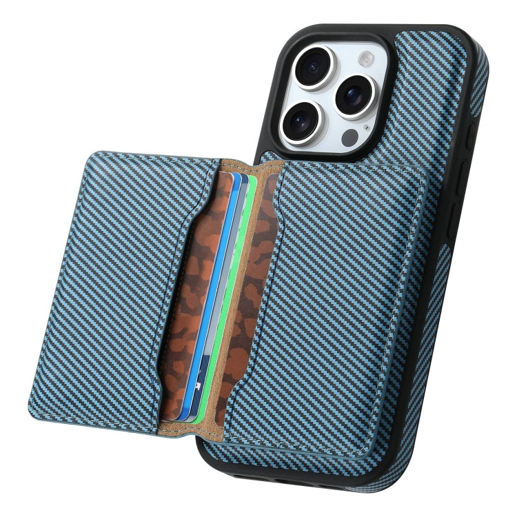 For iPhone 16 Plus Denior Carbon Fiber Texture Leather Card Bag MagSafe Phone Case(Blue)