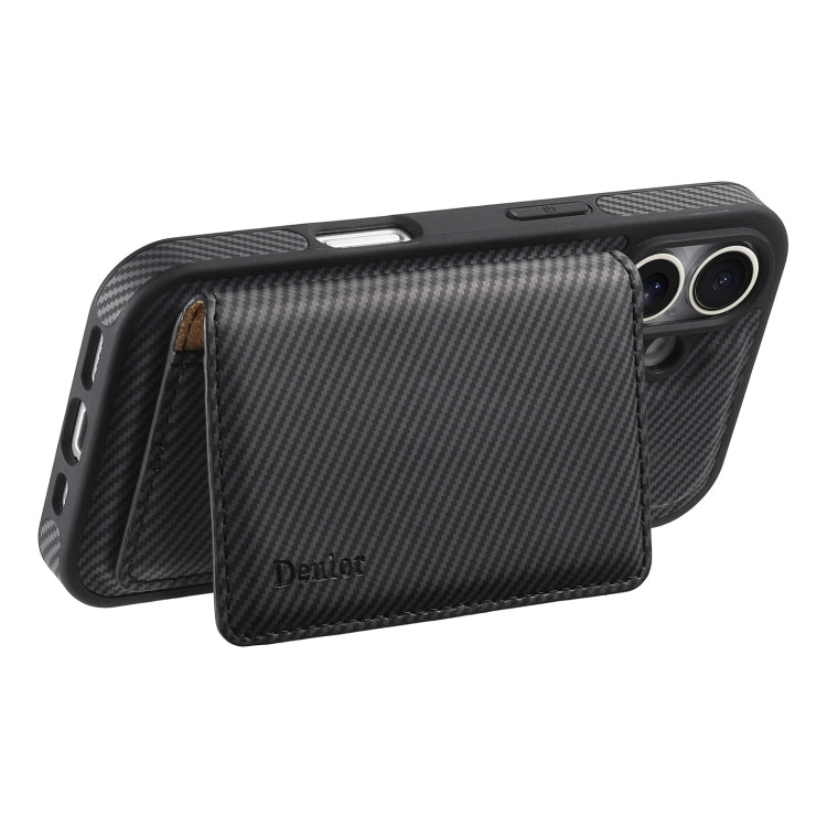 For iPhone 16 Denior Carbon Fiber Texture Leather Card Bag MagSafe Phone Case(Black)