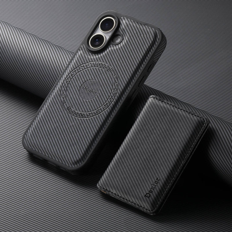 For iPhone 16 Denior Carbon Fiber Texture Leather Card Bag MagSafe Phone Case(Black)