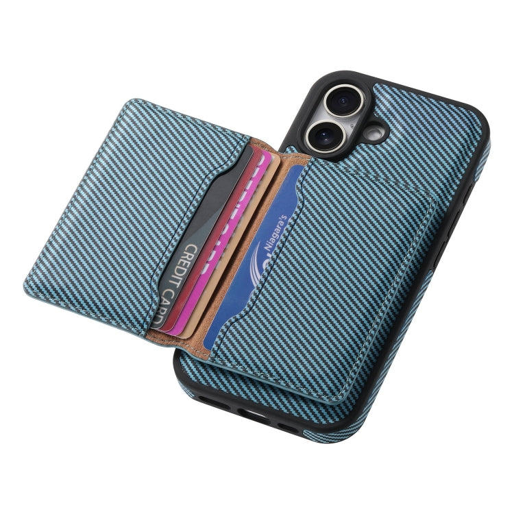 For iPhone 16 Denior Carbon Fiber Texture Leather Card Bag MagSafe Phone Case(Blue)