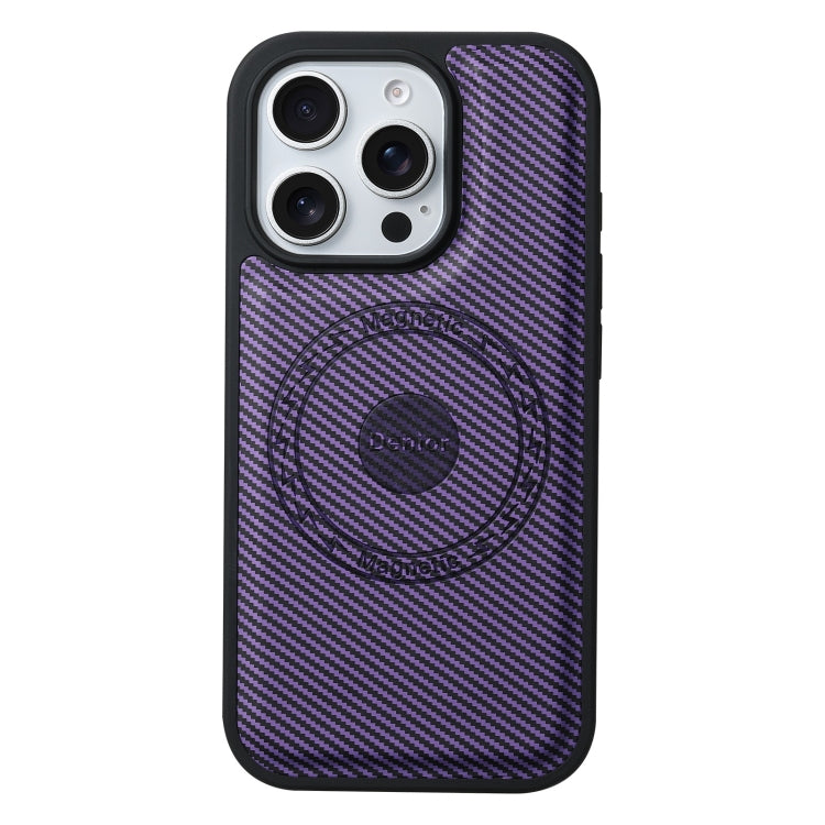 For iPhone 16 Pro Max Denior Carbon Fiber Texture Leather MagSafe Phone Case(Purple)