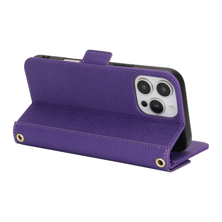 For iPhone 16 Pro Cross Texture Crossbody Lanyard Leather Phone Case(Purple)
