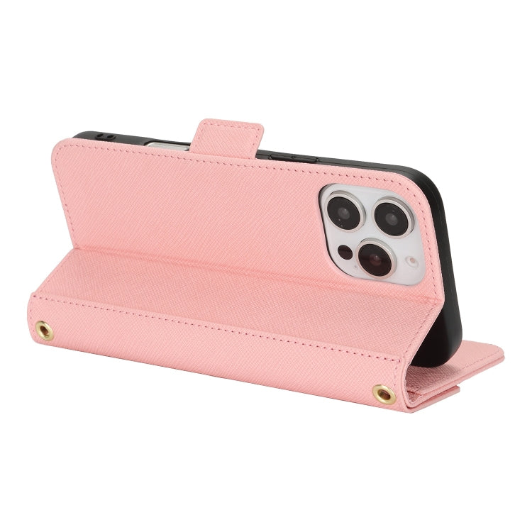 For iPhone 16 Pro Cross Texture Crossbody Lanyard Leather Phone Case(Pink)