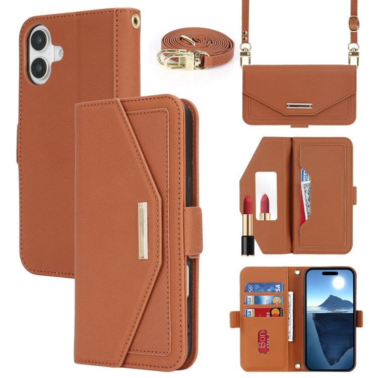 For iPhone 16 Plus Cross Texture Crossbody Lanyard Leather Phone Case(Brown)