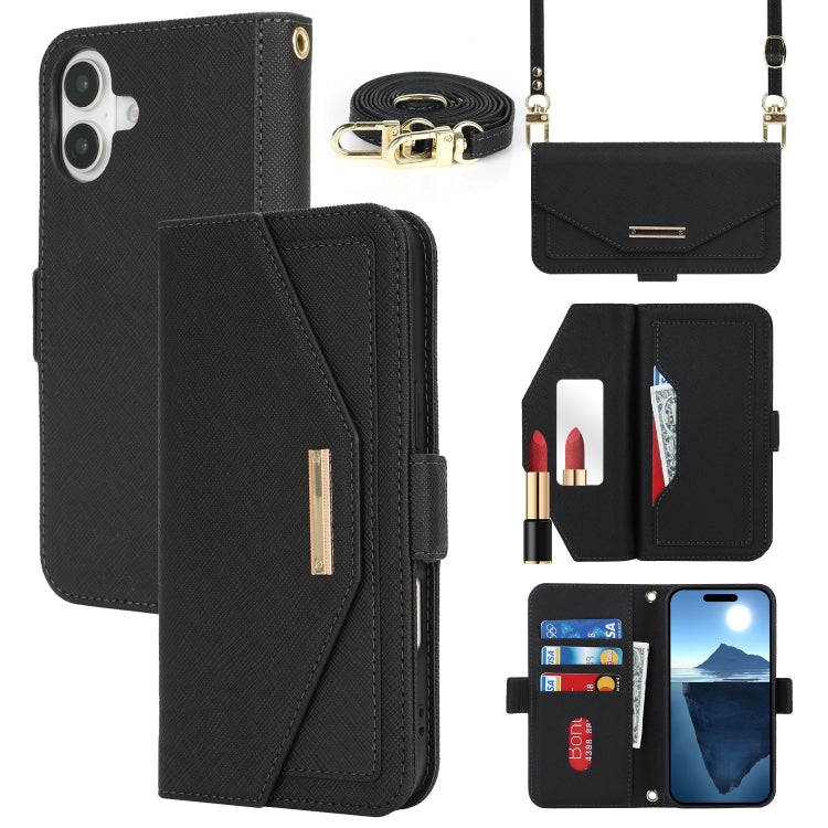 For iPhone 16 Cross Texture Crossbody Lanyard Leather Phone Case(Black)