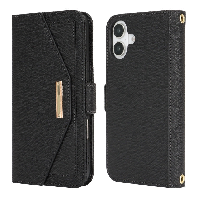 For iPhone 16 Cross Texture Crossbody Lanyard Leather Phone Case(Black)