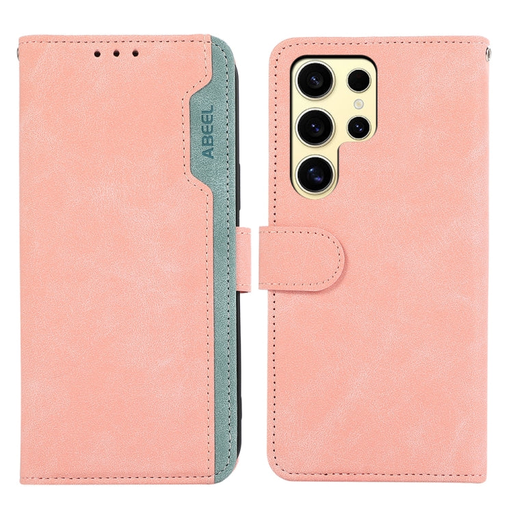 For Samsung Galaxy S25 Ultra 5G ABEEL Color Block Magnetic RFID Leather Phone Case(Pink-Cyan)