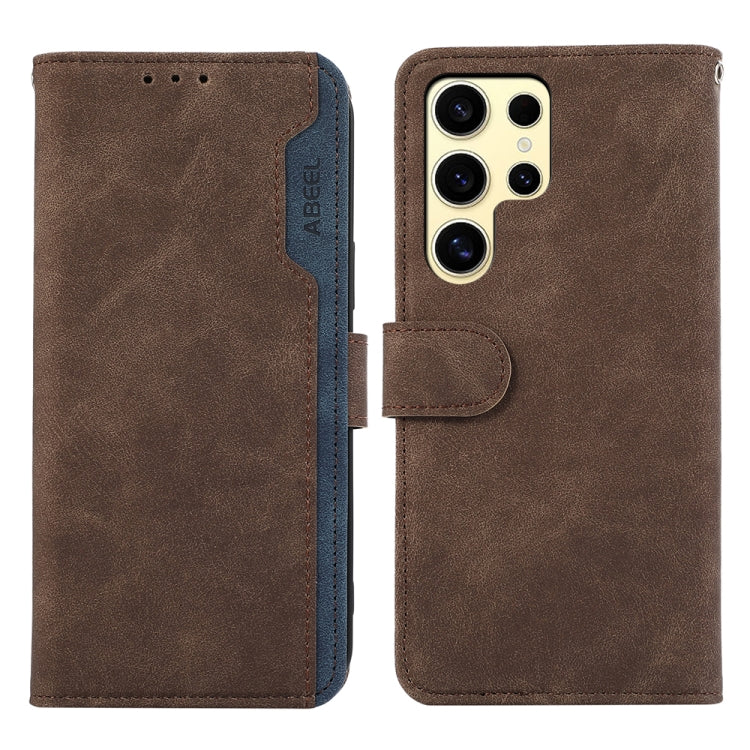For Samsung Galaxy S25 Ultra 5G ABEEL Color Block Magnetic RFID Leather Phone Case(Brown-Blue)