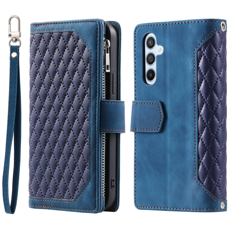 For Samsung Galaxy S25 5G Grid Texture Zipper Leather Phone Case with Lanyard(Blue)