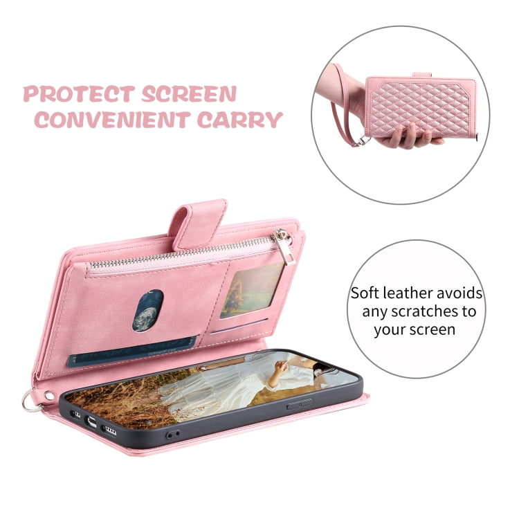 For Samsung Galaxy S25 5G Grid Texture Zipper Leather Phone Case with Lanyard(Rose Gold) - Galaxy S25 5G Cases by PMC Jewellery | Online Shopping South Africa | PMC Jewellery | Buy Now Pay Later Mobicred