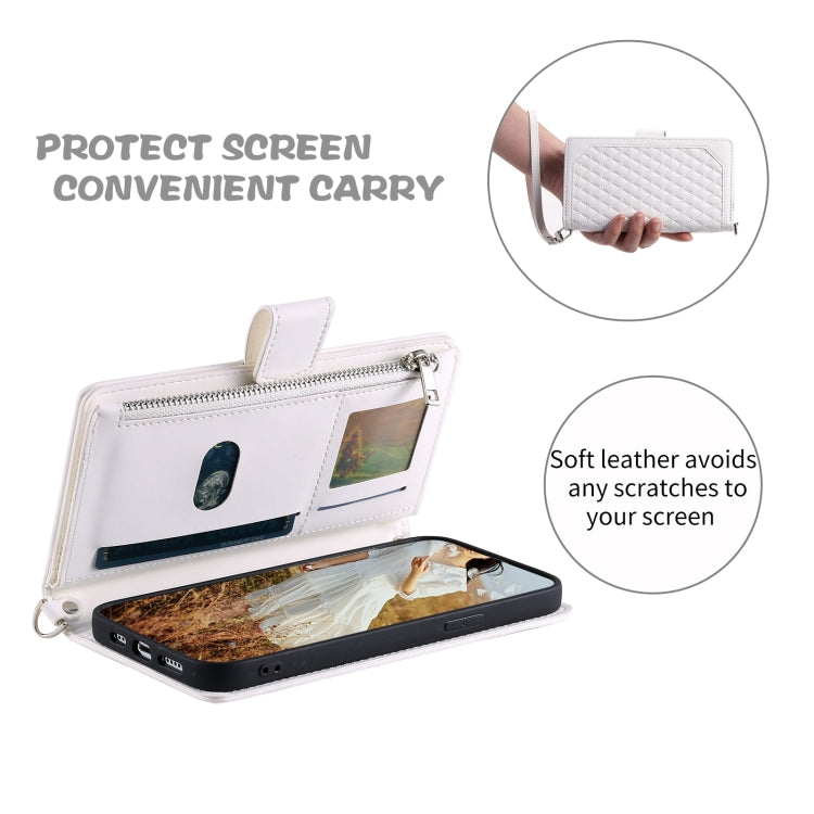 For Samsung Galaxy S25 5G Grid Texture Zipper Leather Phone Case with Lanyard(White)