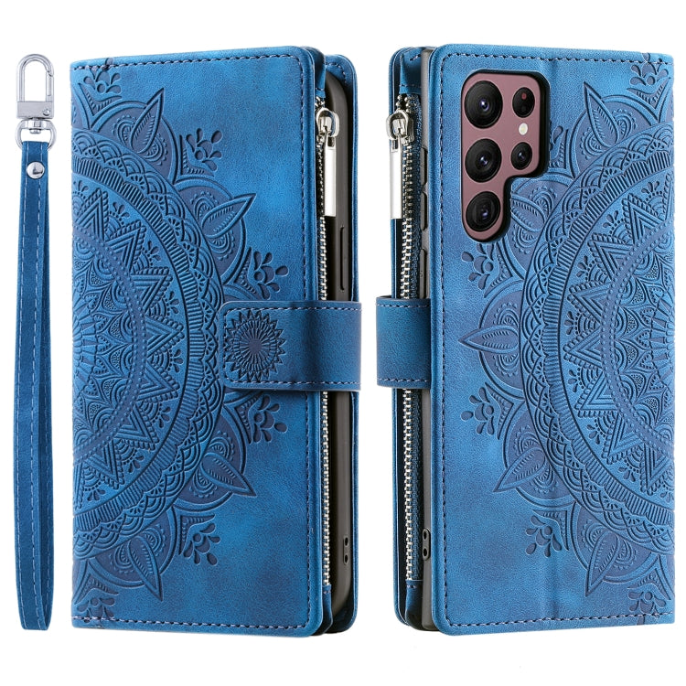 For Samsung Galaxy S25 Ultra 5G Multi-Card Totem Zipper Leather Phone Case(Blue)