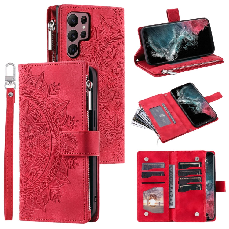 For Samsung Galaxy S25 Ultra 5G Multi-Card Totem Zipper Leather Phone Case(Red)