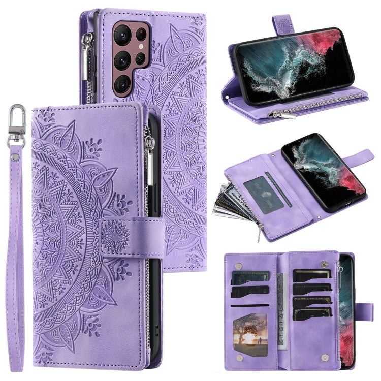 For Samsung Galaxy S25 Ultra 5G Multi-Card Totem Zipper Leather Phone Case(Purple)