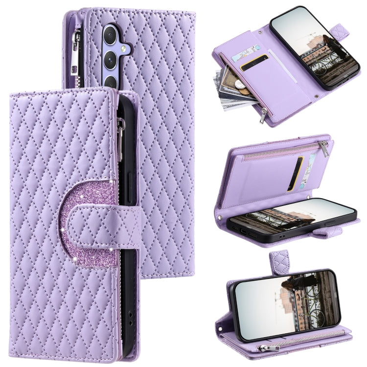 For Samsung Galaxy S25 5G Glitter Lattice Zipper Wallet Leather Phone Case(Purple)