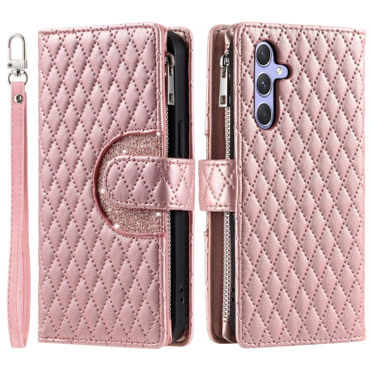 For Samsung Galaxy S25 5G Glitter Lattice Zipper Wallet Leather Phone Case(Rose Gold)