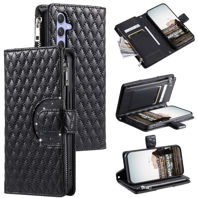 For Samsung Galaxy S25+ 5G Glitter Lattice Zipper Wallet Leather Phone Case(Black)