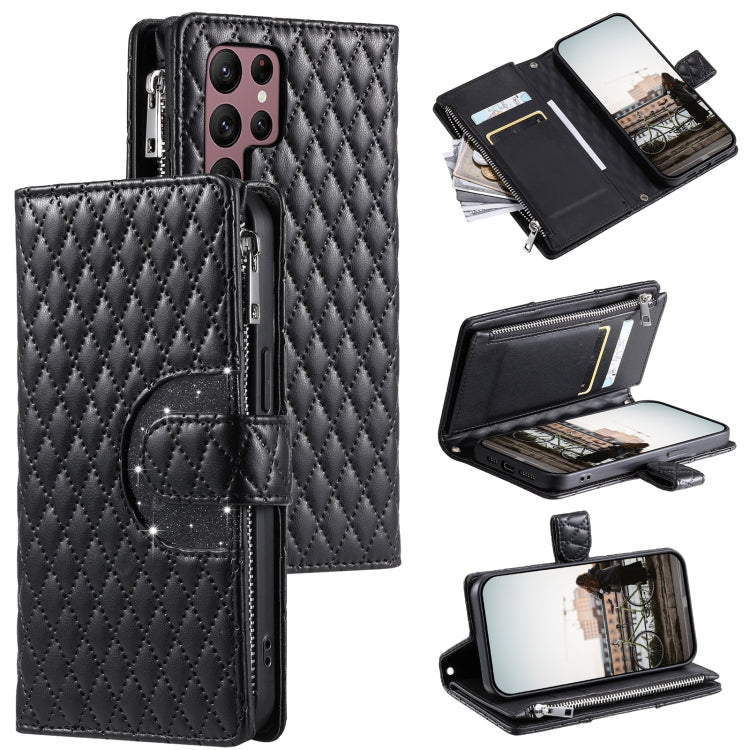 For Samsung Galaxy S25 Ultra 5G Glitter Lattice Zipper Wallet Leather Phone Case(Black)