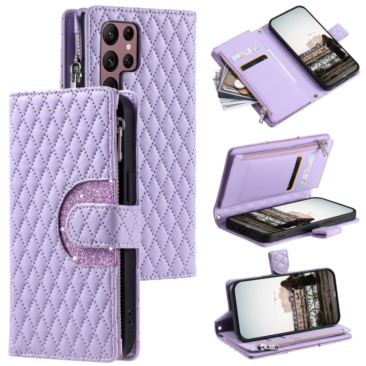 For Samsung Galaxy S25 Ultra 5G Glitter Lattice Zipper Wallet Leather Phone Case(Purple)