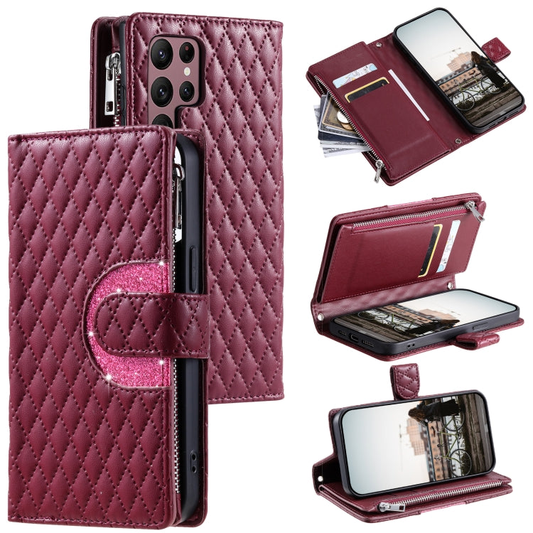 For Samsung Galaxy S25 Ultra 5G Glitter Lattice Zipper Wallet Leather Phone Case(Wine Red)