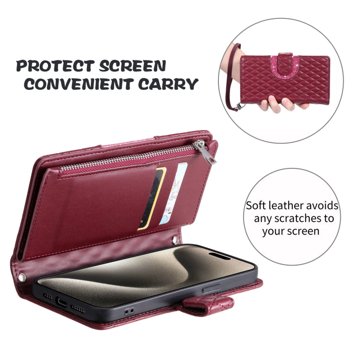 For Samsung Galaxy S25 Ultra 5G Glitter Lattice Zipper Wallet Leather Phone Case(Wine Red)