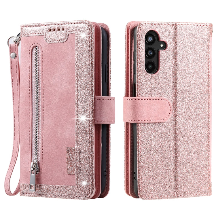 For Samsung Galaxy S25+ 5G Nine Card Zipper Bag Leather Phone Case with Lanyard(Pink)