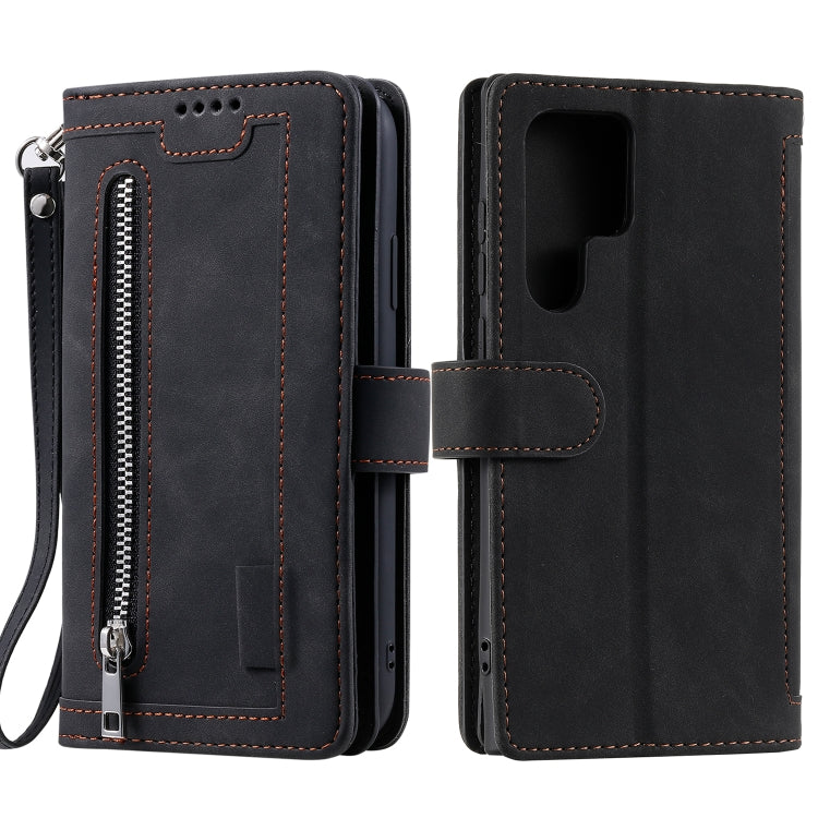 For Samsung Galaxy S25 Ultra 5G Nine Card Zipper Bag Leather Phone Case with Lanyard(Black)