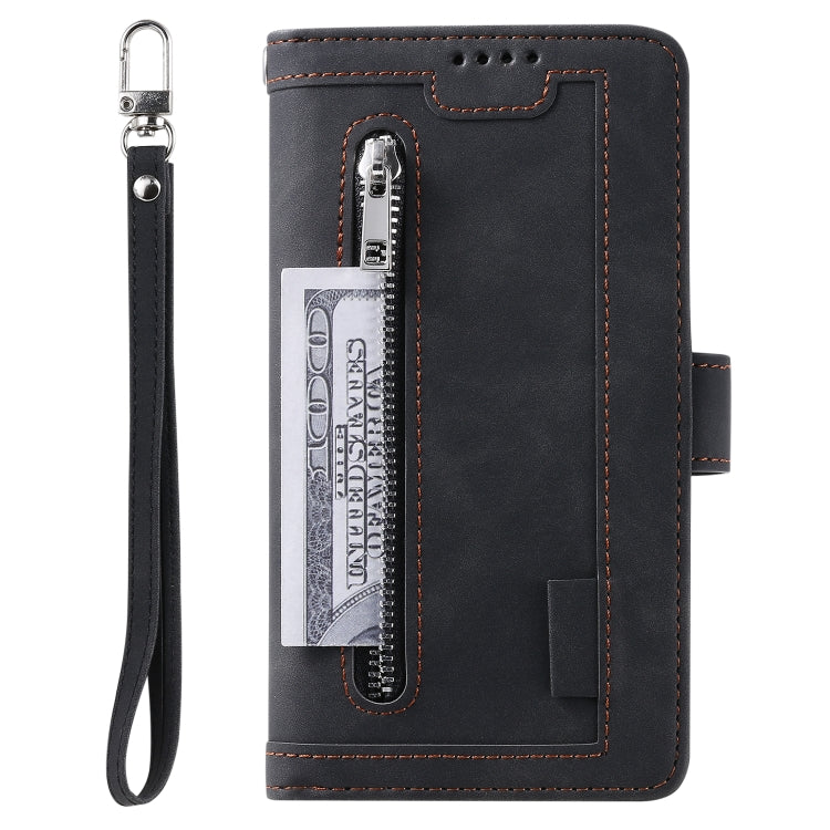 For Samsung Galaxy S25 Ultra 5G Nine Card Zipper Bag Leather Phone Case with Lanyard(Black)