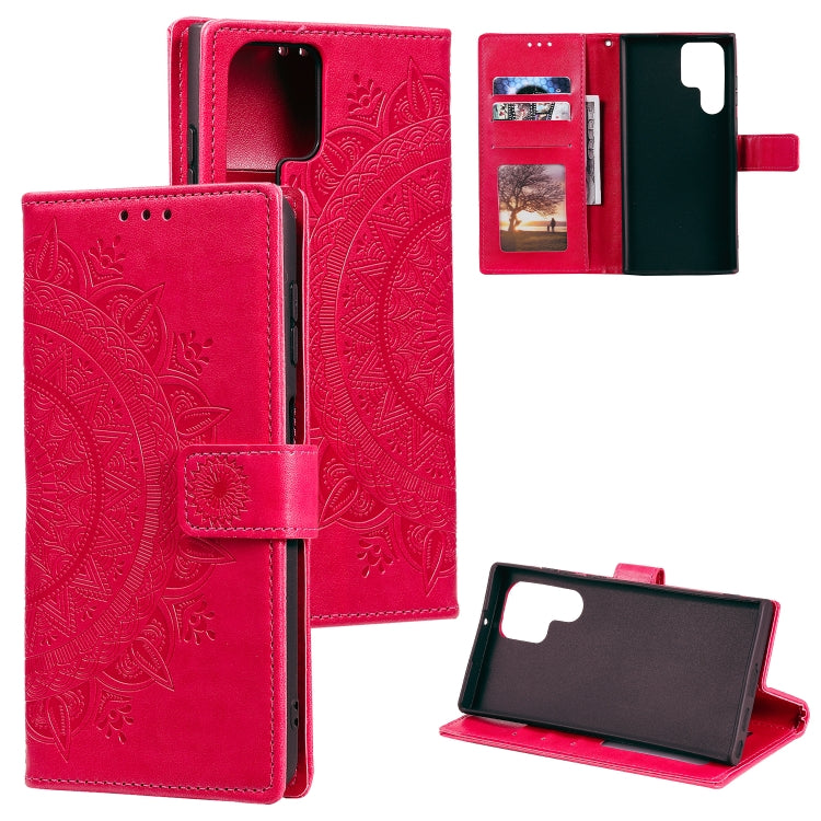 For Samsung Galaxy S25 Ultra 5G Totem Flower Embossed Leather Phone Case with Lanyard(Red)