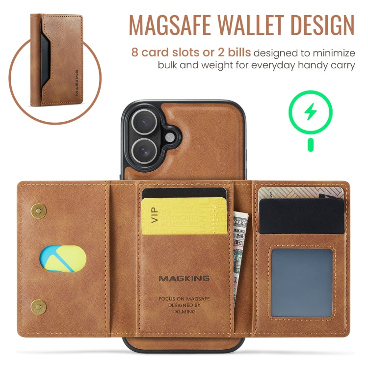 For iPhone 16 DG.MING MAGKING-K2 Series MagSafe RFID Card Bag Detachable Phone Case(Brown)