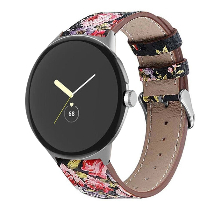 For Google Pixel Watch 3 45mm Round Tail Genuine Leather Watch Band(Black Pink Flower)