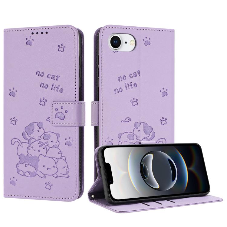 For iPhone 16e Embossed Kitten Phone Leather Case with Lanyard(Purple)