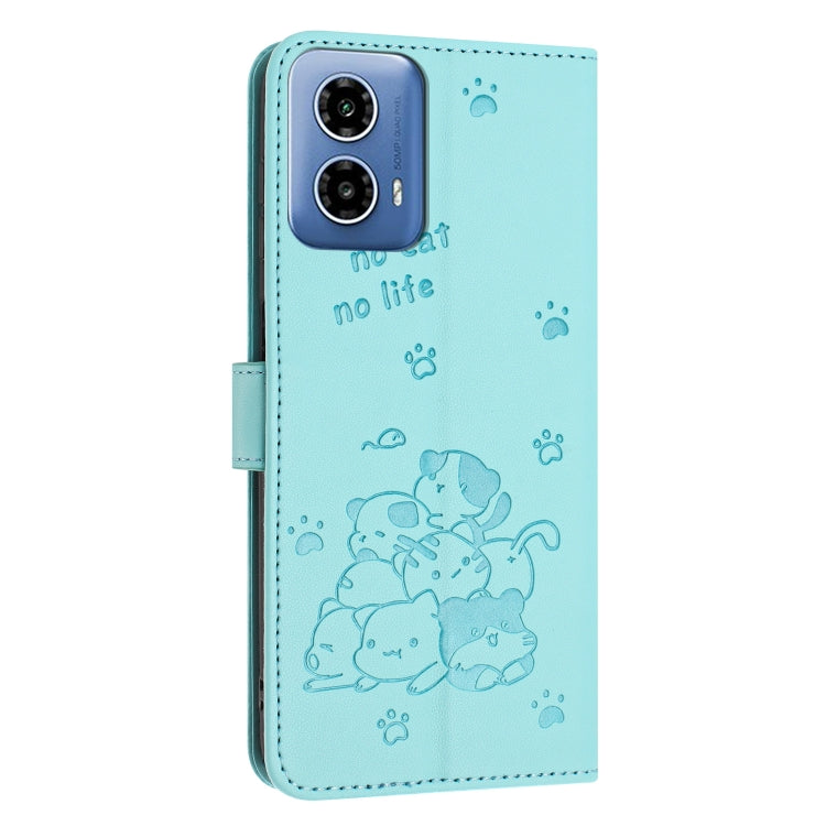 For Motorola Moto G 5G 2024 Embossed Kitten Phone Leather Case with Lanyard(Mint Green)